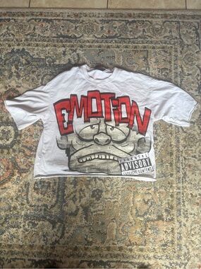 Mixed Emotion Cropped White Graphic Tee with Black Label and Cherub Logo